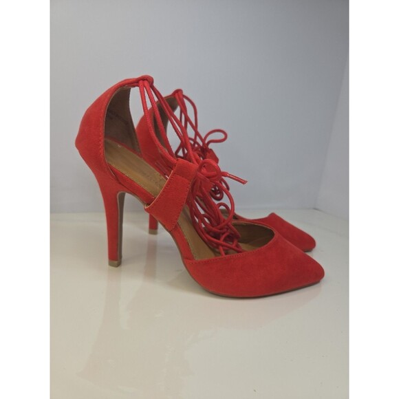 Charlotte Russe Red Sassy Suede like Tie Up Pumps Sz 7 Statement Pumps Bold - Picture 1 of 10